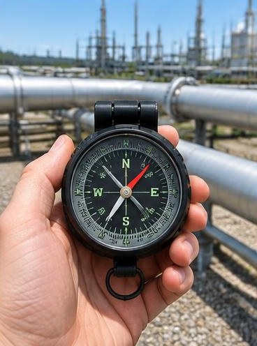Compass checking industrial pipe orientation