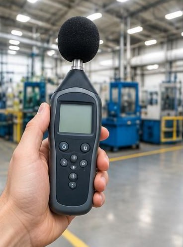 Sound level meter measuring factory noise