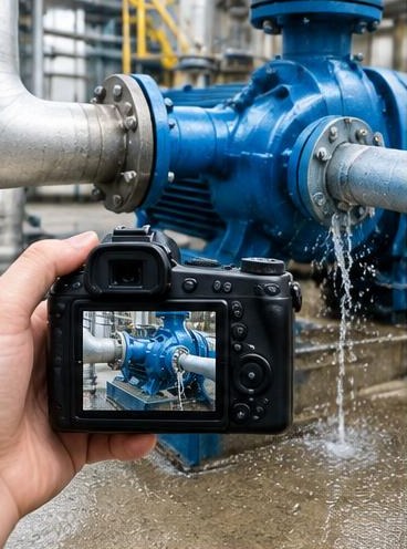 Camera photographing an industrial pump leak