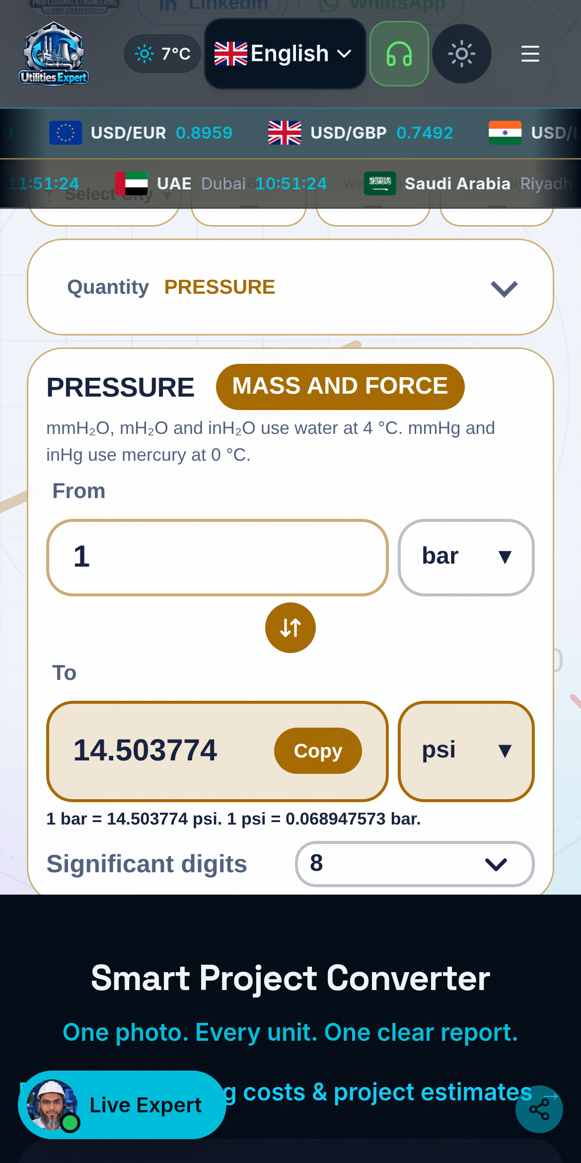 Pressure conversion with the calculated result.
