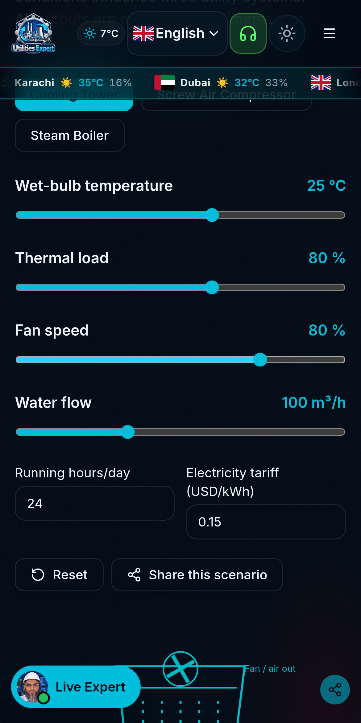 Cooling tower operating inputs and controls.